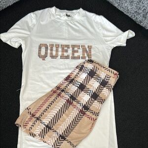 White T-Shirt with 'QUEEN' Plaid Design